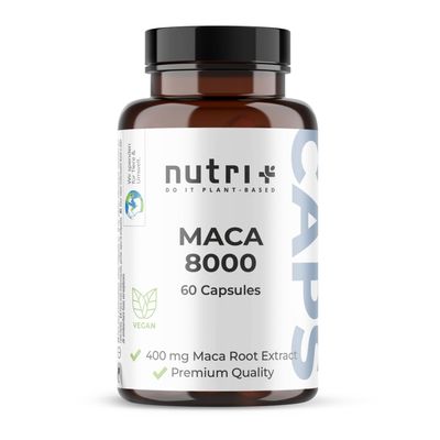Nutri+ Maca Gold 8000 Capsules – High-Dose, Vegan – Original 20:1 Premium Root Powder Extract – 60 Capsules – Lab-Tested for Men & Women