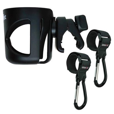 Babies1st Stroller & Buggy Cup Holder with Screw Clamp + 2 Aluminum Carabiner Hooks