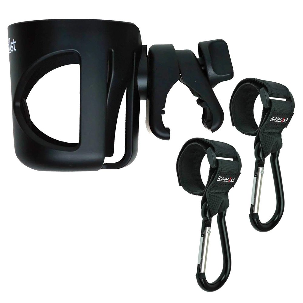 Babies1st Stroller & Buggy Cup Holder with Screw Clamp + 2 Aluminum Carabiner Hooks