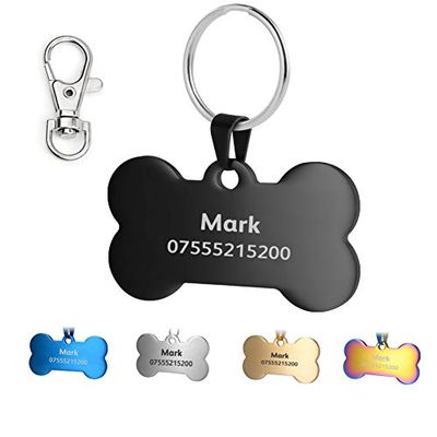 Engraved Pet Tag for Dogs and Cats, Stainless Steel, 5 Shapes and Colors (Bone, Black)