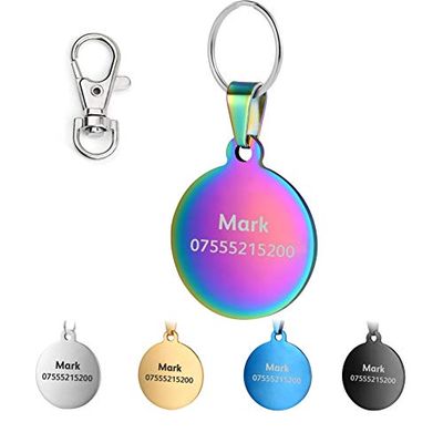 Engraved Pet ID Tag for Dogs and Cats, Stainless Steel, Bone, Round, Rectangle or Heart, 5 Colors