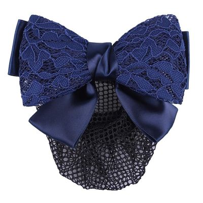 QHP Lace Hairnet Hair Clip, Fine-Mesh Net with Satin and Lace Double Bow (Navy)