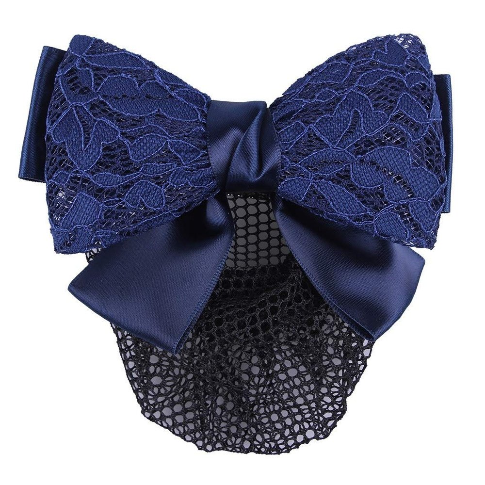 QHP Lace Hairnet Hair Clip, Fine-Mesh Net with Satin and Lace Double Bow (Navy)