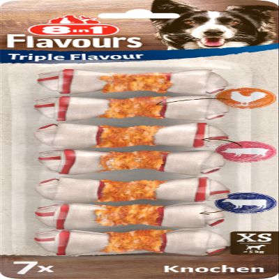 8in1 Triple Flavour Bones XS - Tasty Dog Treats with Chicken, Pork, and Beef Skin, 7 Pieces