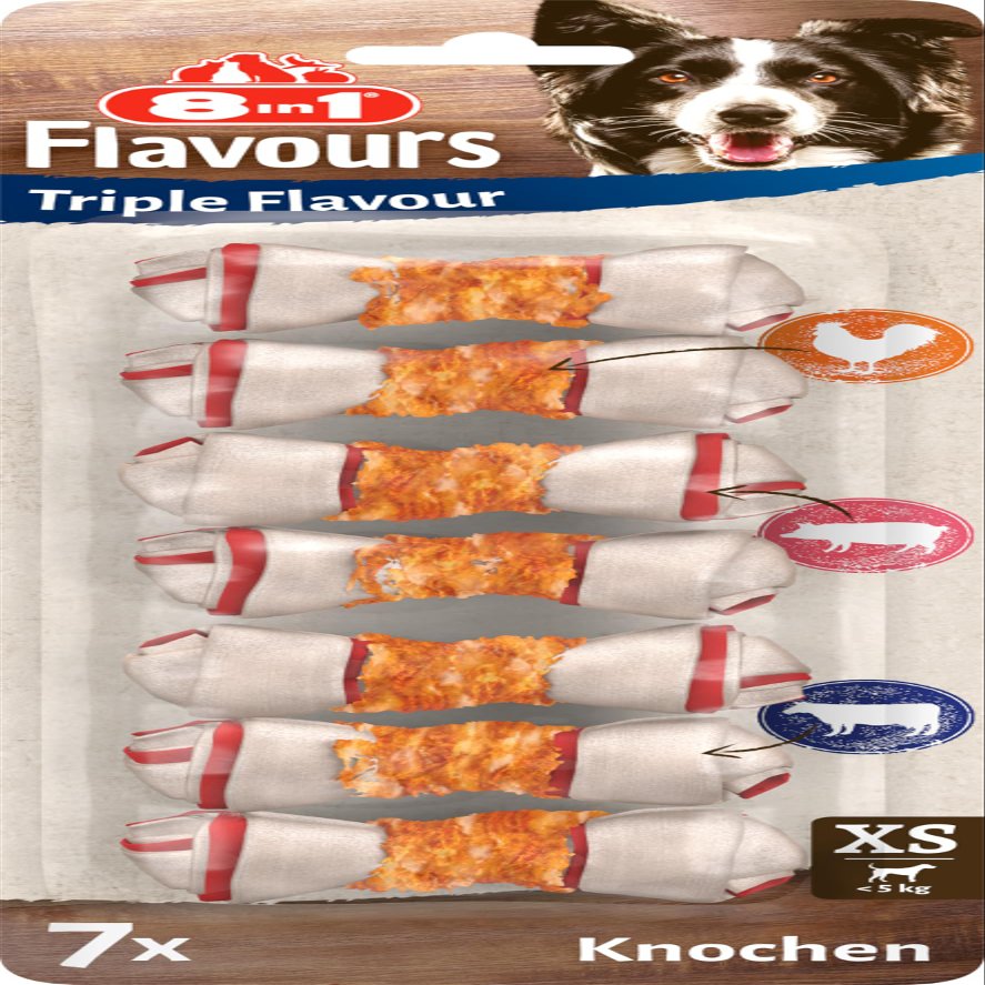 8in1 Triple Flavour Bones XS - Tasty Dog Treats with Chicken, Pork, and Beef Skin, 7 Pieces