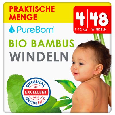PureBorn 48 Size 4 Diapers (7–12 kg), Ultra-Absorbent, Hypoallergenic, Soft & Gentle, Dermatologically Tested, Leakproof Bamboo