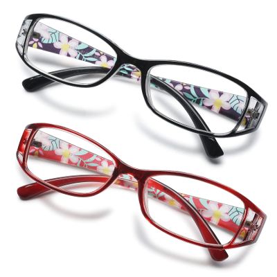 KOOSUFA Women's Reading Glasses, Full-Rim Floral Readers, Black + Red, 2.0