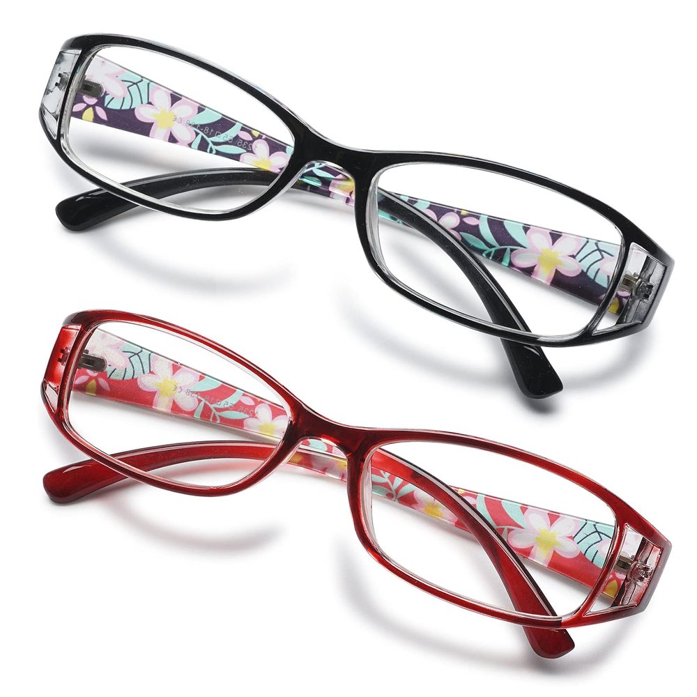 KOOSUFA Women's Reading Glasses, Full-Rim Floral Readers, Black + Red, 2.0