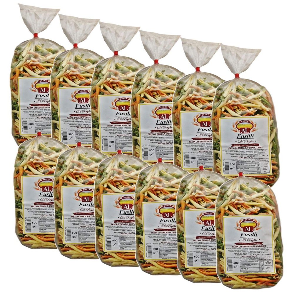 Fresh Tricolor Fusilli Pasta from Italy, 12 x 500 g - Bronze-Die Pasta