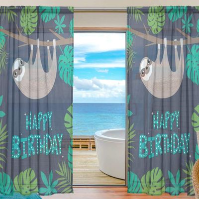 Happy Birthday Card with Cute Sloth Sheer Window Curtains, 84 Inches Long, Set of 2 Panels