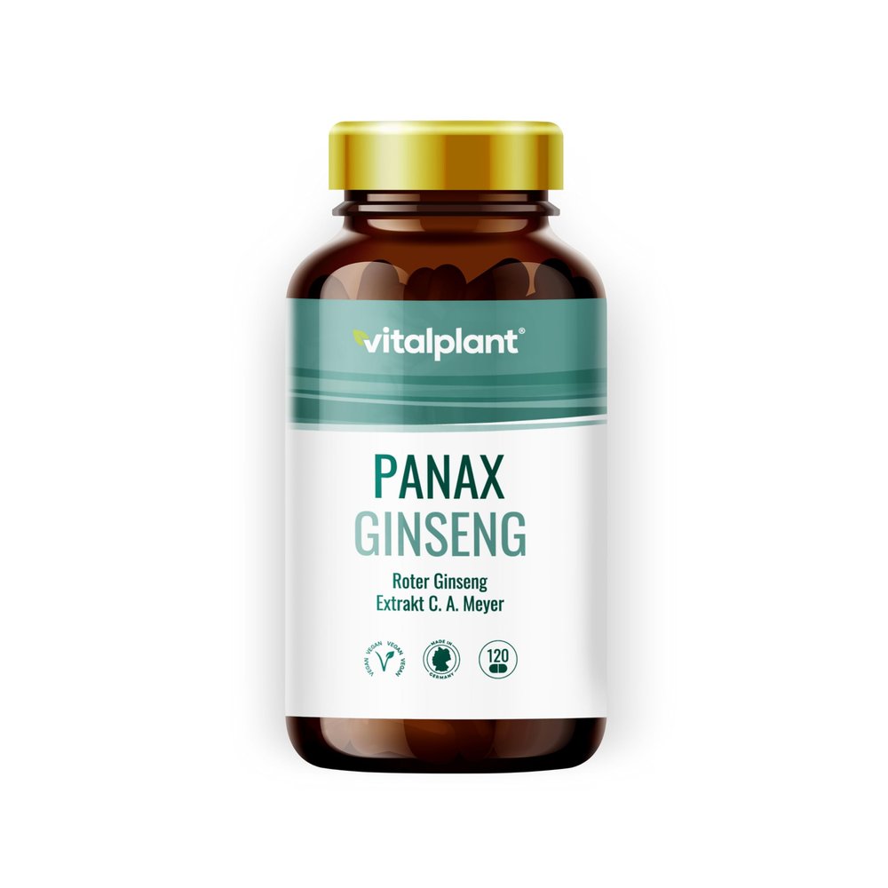 Vitalplant Panax Ginseng C.A. Meyer in Amber Glass | 500 mg Korean Red Ginseng Extract with 5% Ginsenosides | Made in Germany | 120 Vegan Capsules
