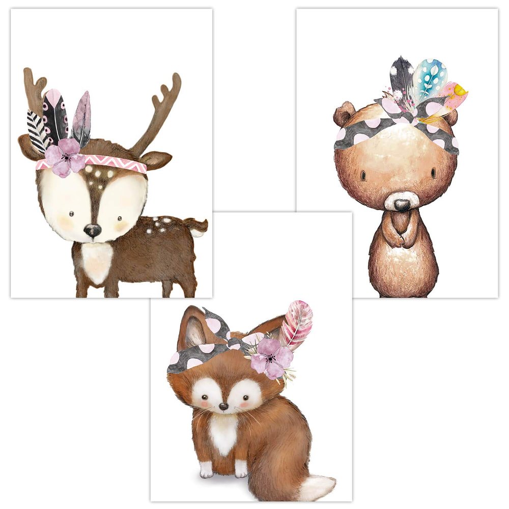 Olgs Baby Nursery Wall Art Set of 3, A4 Boho Woodland Animal Posters