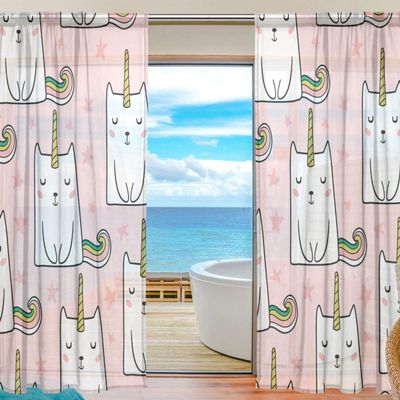 Hand-Drawn Cute Cats Unicorn Sheer Curtain Panels, 78 Inches Long, Set of 2