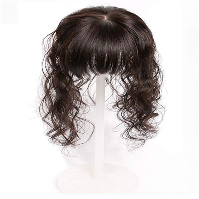 Curly Human Hair Crown Topper with Bangs for Women, 10.2 x 11.9 cm, Silk Base Hairpiece for Hair Loss, 30.5 cm, Natural Black