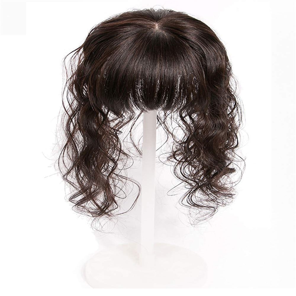 Curly Human Hair Crown Topper with Bangs for Women, 10.2 x 11.9 cm, Silk Base Hairpiece for Hair Loss, 30.5 cm, Natural Black
