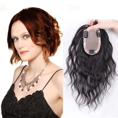 Curly Human Hair Topper, Silk Base, Clip/Tape-In Hairpiece, 8 x 12 cm, 20 cm, Black