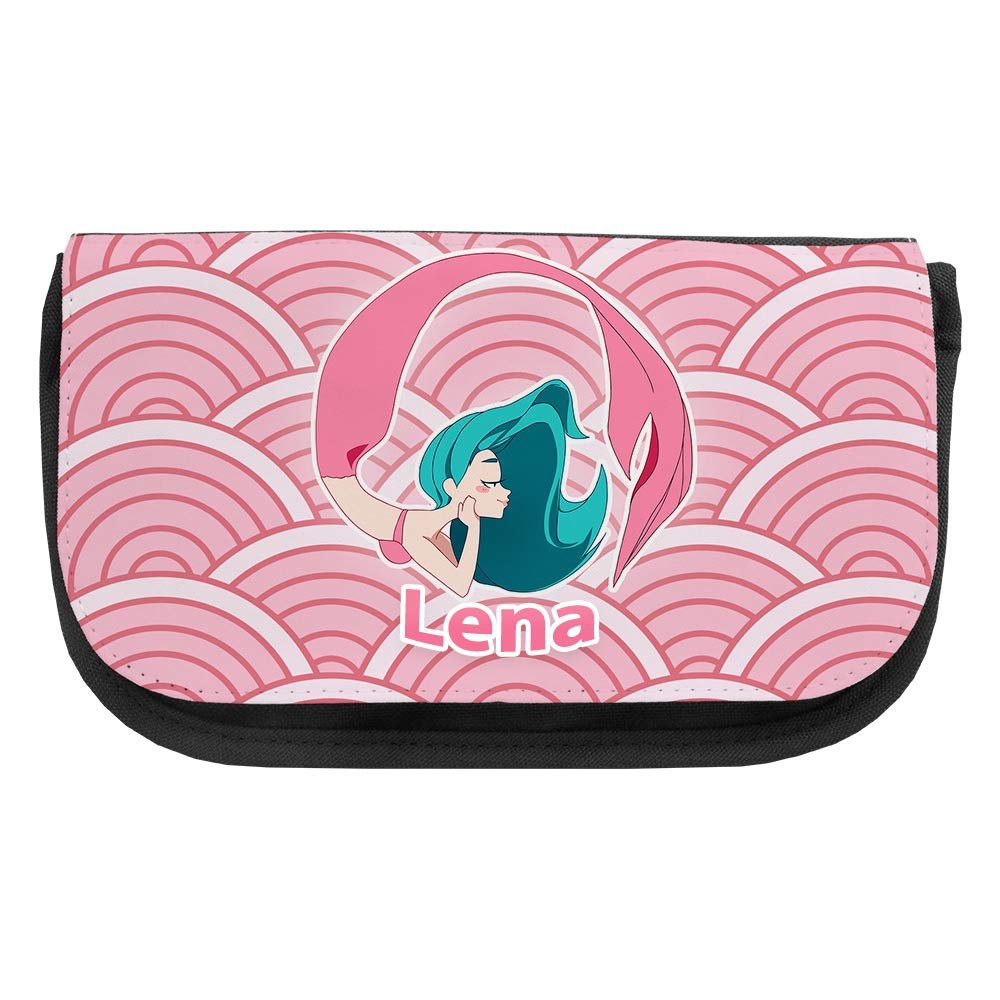 Makeup Bag with Lena Name and Pink Mermaid Motif