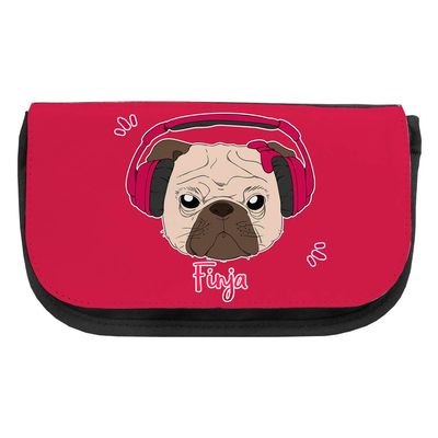 Cosmetic Bag with the Name Finja and Pink Pug Motif with Headphones and Bow