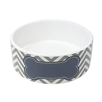 Bone Tie Chevron Silver Gray Cream Dog Bowl