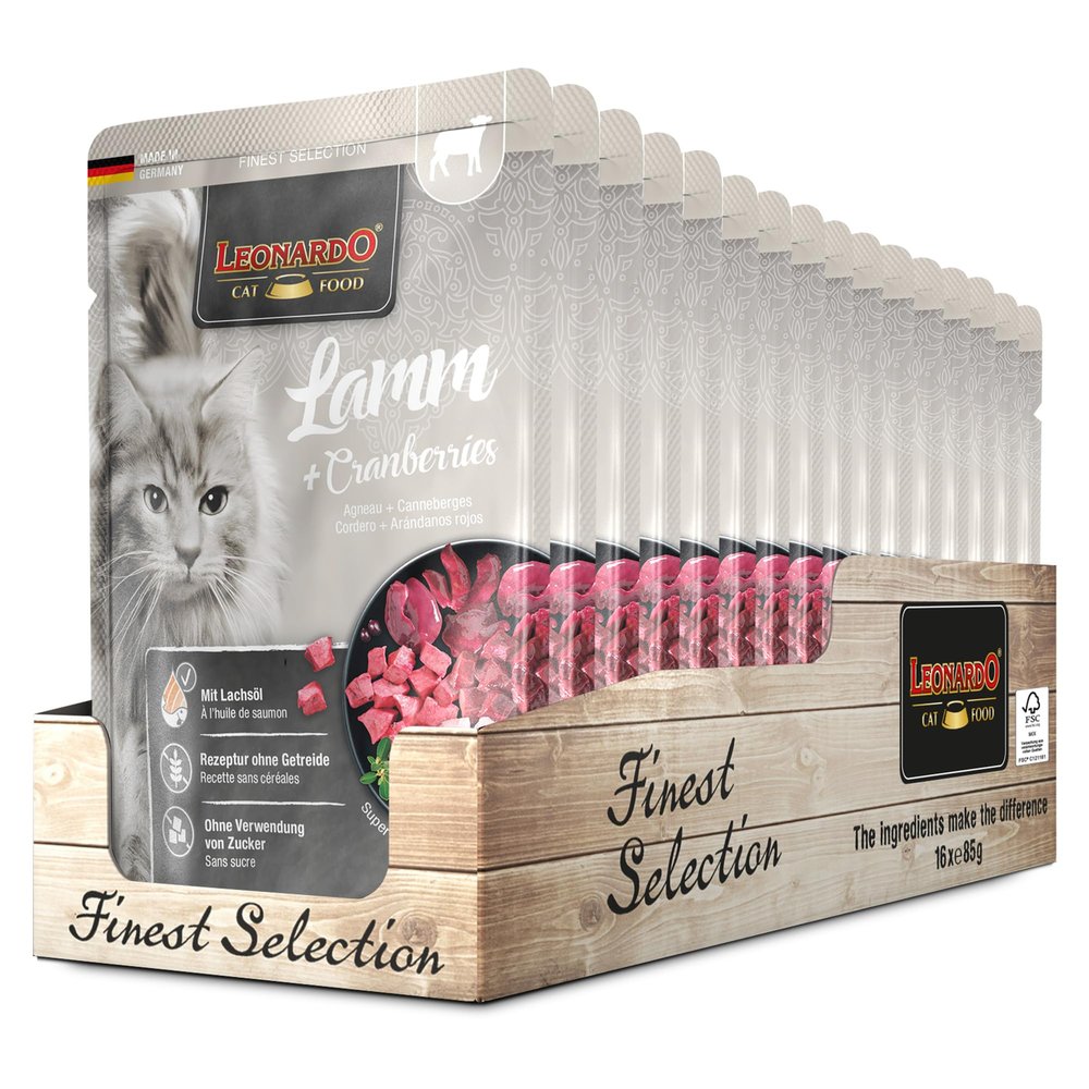 LEONARDO Fresh Pouches [16 x 85 g Lamb + Cranberries] | Grain-Free Wet Cat Food | Complete Food in Single-Serving Pouches