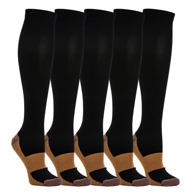 5 Pairs Compression Knee-High Support Running Socks for Women & Men, Black & Brown, Size M