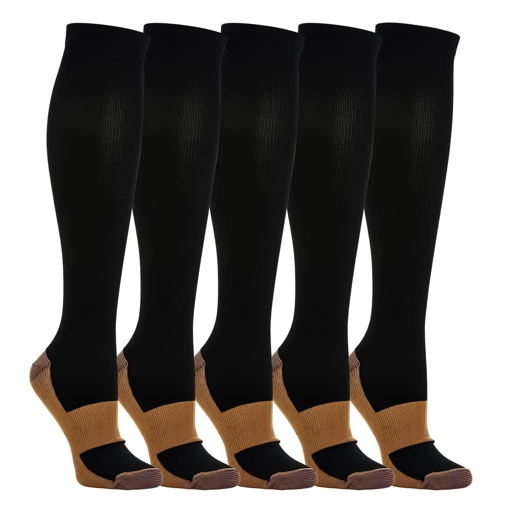 5 Pairs Compression Knee-High Support Running Socks for Women & Men, Black & Brown, Size M