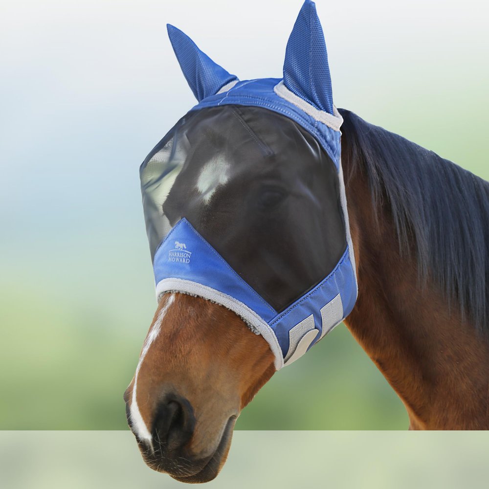 Harrison Howard CareMaster Pro Luminous Horse Fly Mask, UV Protection, Fleece Padding, Ear Covers, Navy, Thoroughbred (M)