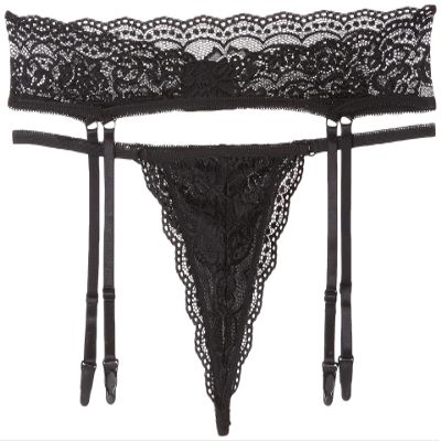 Cottelli Collection Lingerie Thong and Garter Belt, Black, XL, 1-Pack