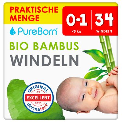PureBorn 34 Diapers, Size 1 (0–5 kg), Ultra-Absorbent Bamboo Diapers for Newborns