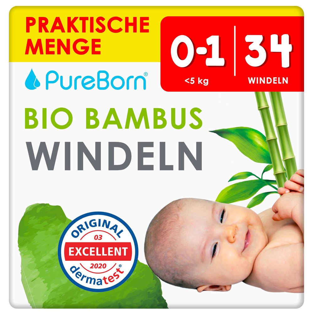 PureBorn 34 Diapers, Size 1 (0–5 kg), Ultra-Absorbent Bamboo Diapers for Newborns