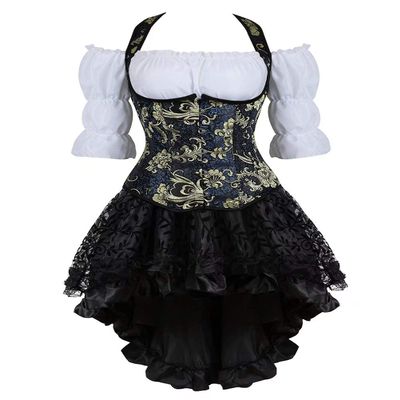Jutrisujo Steampunk Corset Dress with Asymmetric Lace Skirt and Blouse, Blue, S