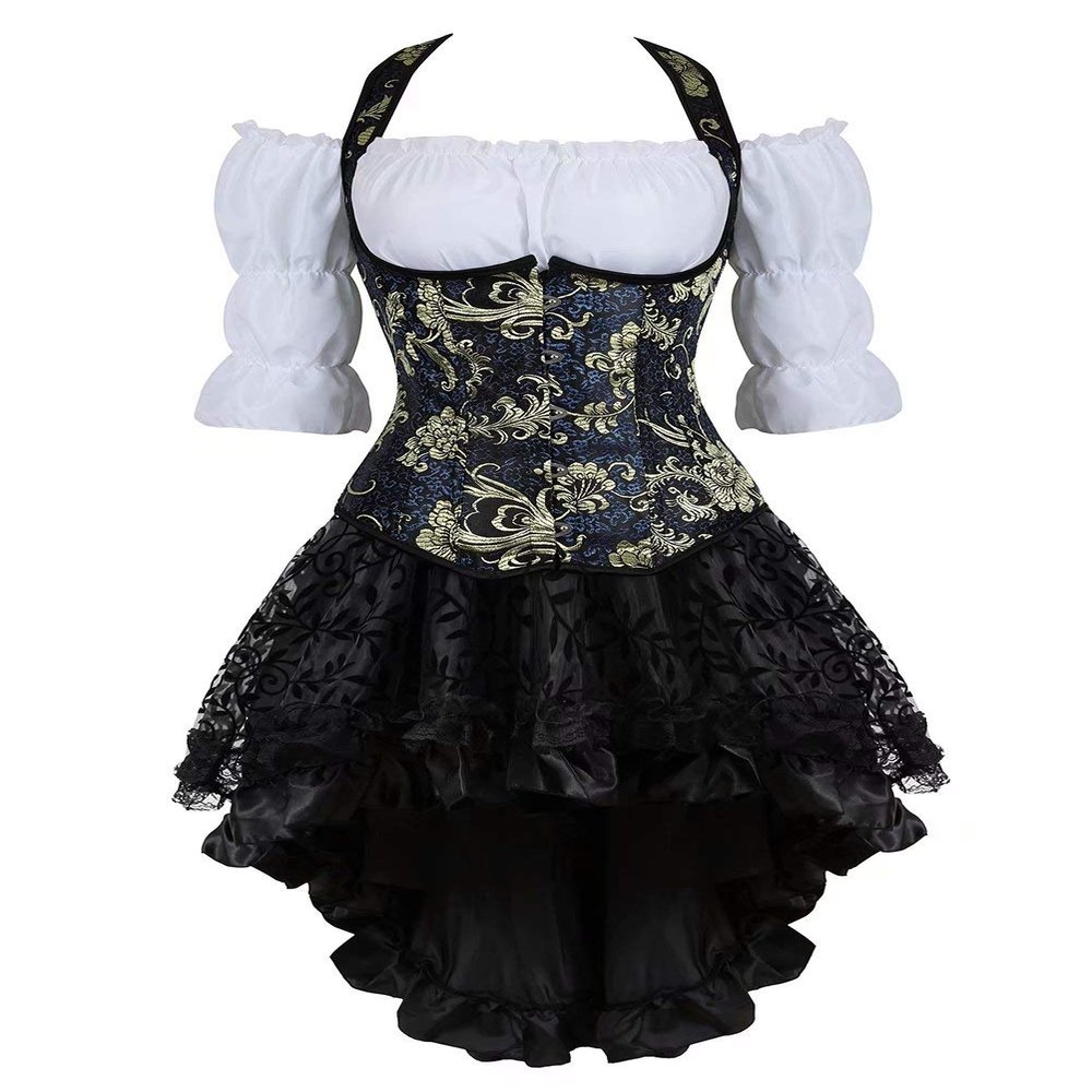 Jutrisujo Steampunk Corset Dress with Asymmetric Lace Skirt and Blouse, Blue, S