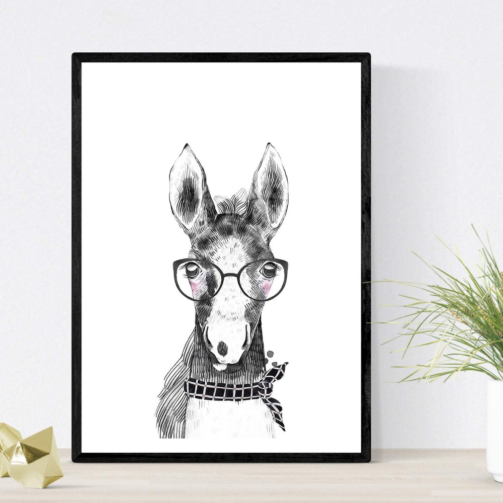Nacnic Horses Infant Animals Poster with Glasses and Scarf, A4, Gray, Unframed