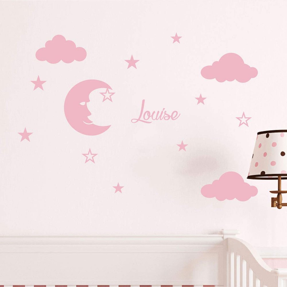 Personalizable Name Stickers | Moon and Clouds | Nursery Wall Decor | 2 Sheets, 25 x 30 cm and 40 x 30 cm | Powder Pink