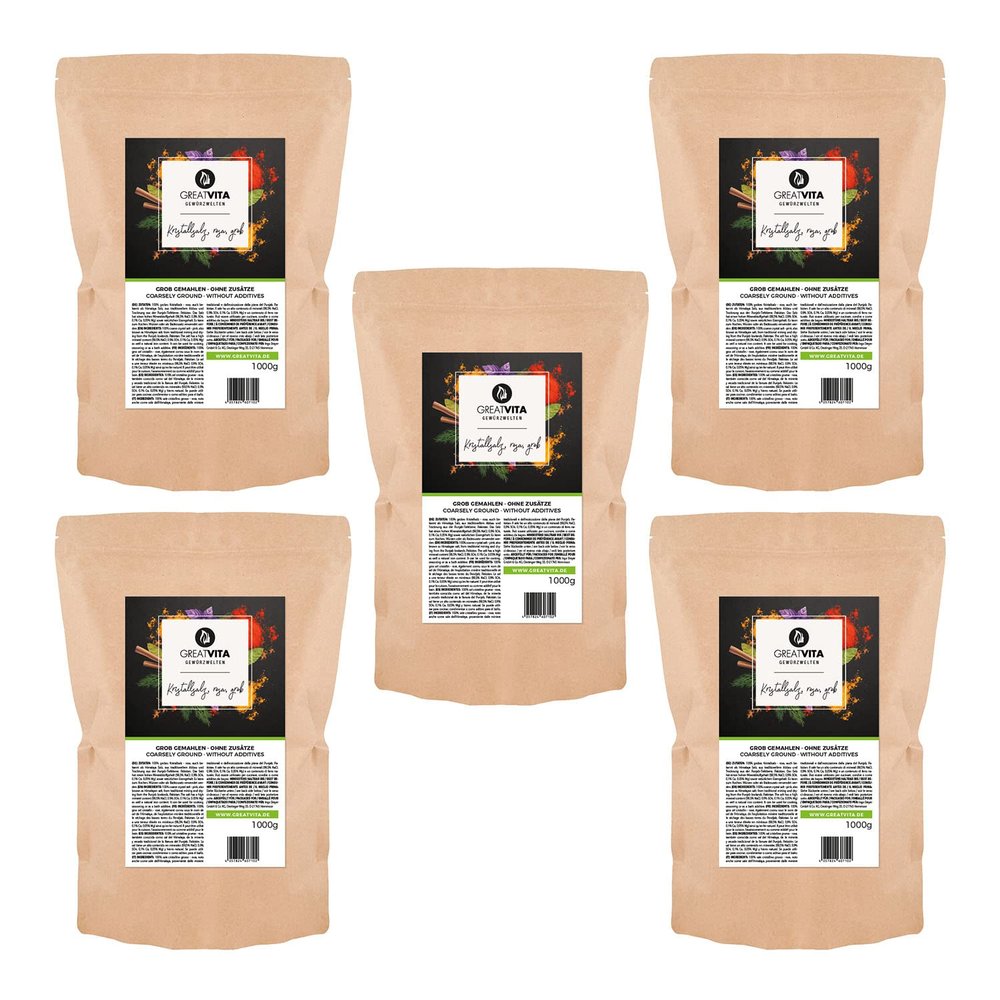 GreatVita Pink Crystal Salt, Coarse Grain 2–5 mm, 5 x 1,000 g