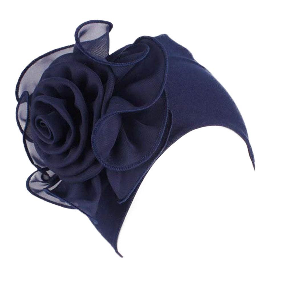 YONKOUNY Women's Floral Turban Hat, Stretch Chemo Cap, Navy Blue
