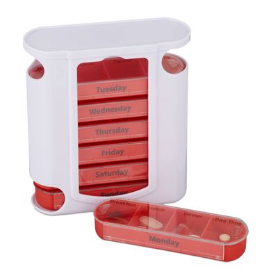 Relaxdays 7-Day Pill Organizer, 4 Compartments, English Labels, Sliding Lid, Assorted Colors