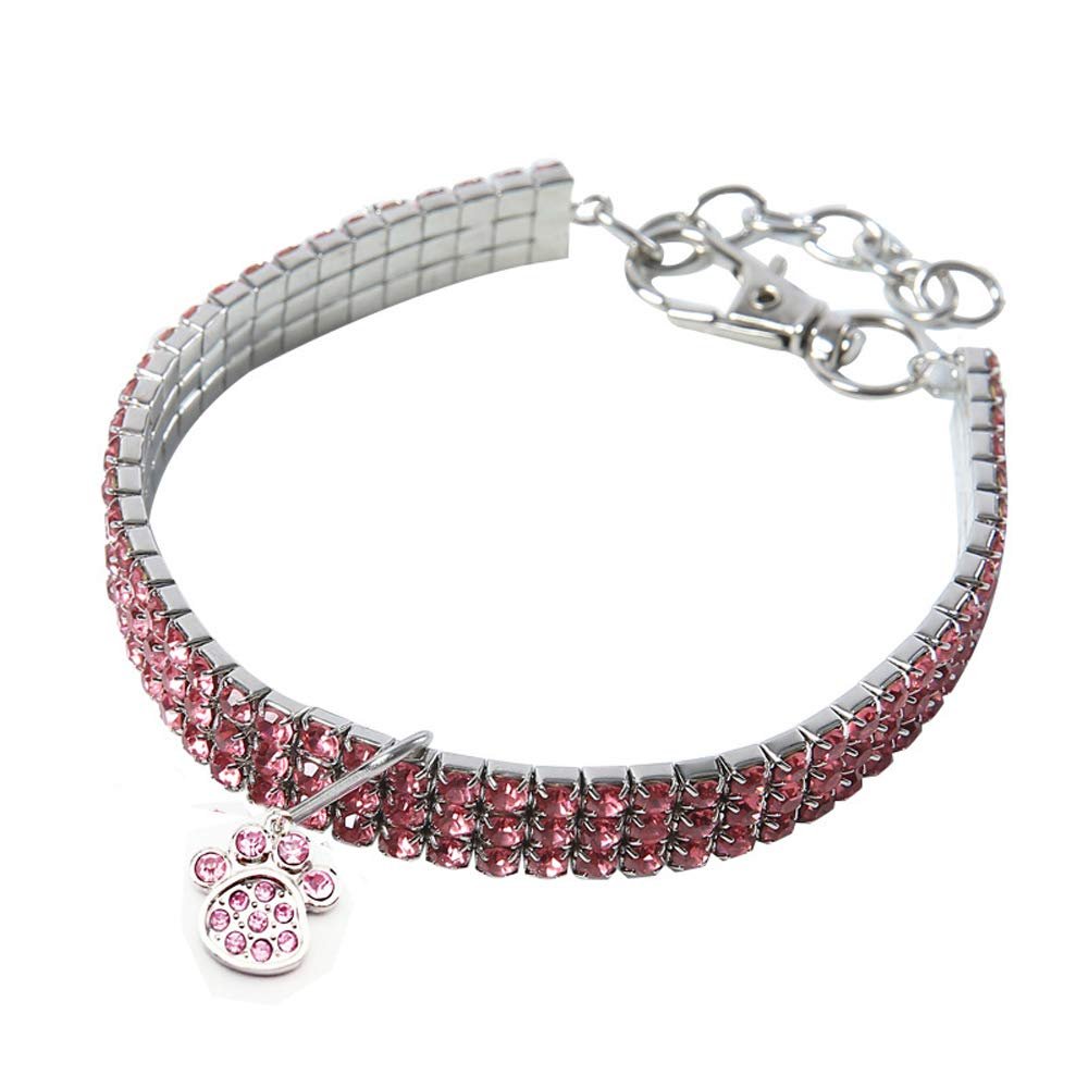 BT Bear Rhinestone Elastic Pet Collar with Paw Pendant for Cats and Small Dogs, Size M: 25 cm, Pink