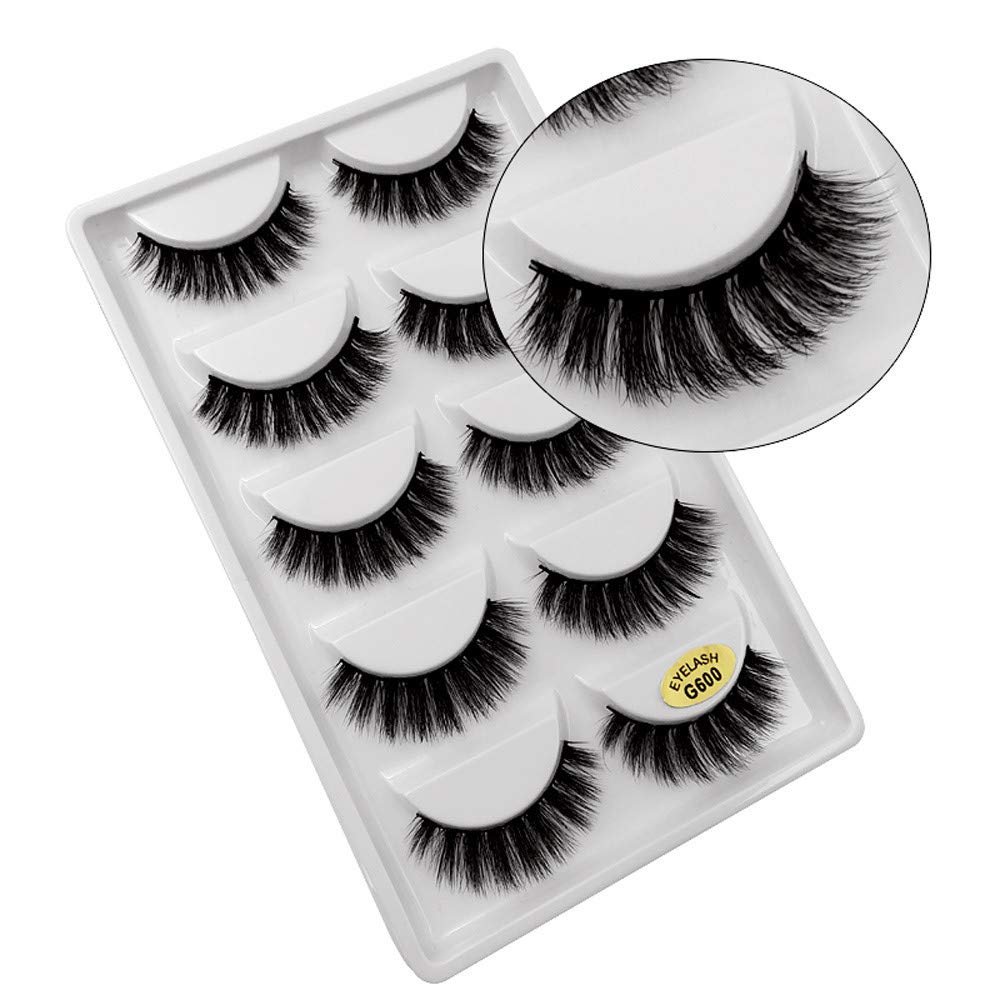 5 Pairs 3D Mink Hair Eyelashes, Natural Black, Long, Pure Lashes Set, Individual (Black-G600#)