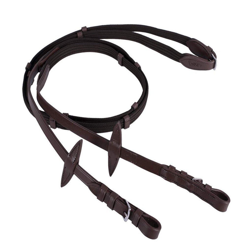 QHP Web Reins with Leather Loops, Dark Brown/Black (Pony, Dark Brown)