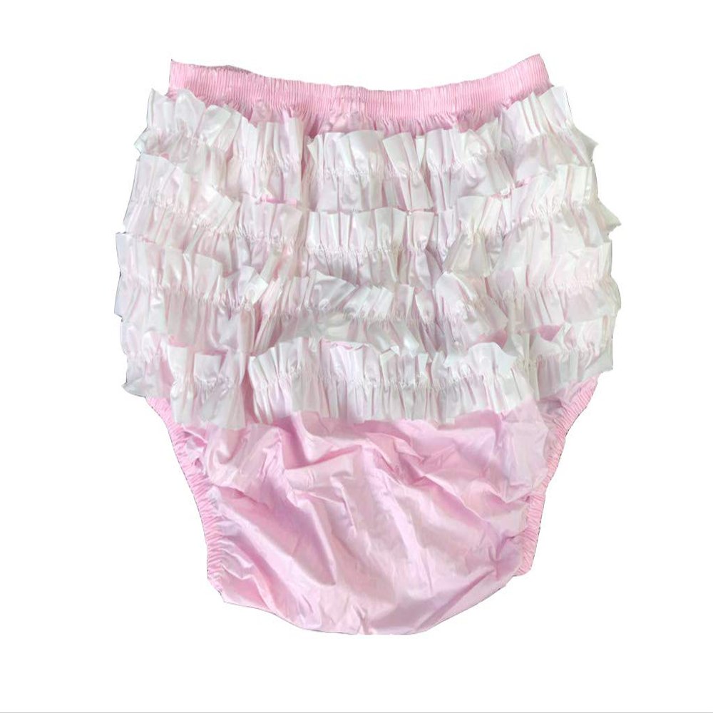 Haian Rumba Adult Incontinence Pull-On Pants, PVC, White Ruffles, XL, Baby Pink