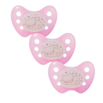 dentistar Night Silicone Pacifier 3-Pack, Size 1, 0–6 Months, Glow-in-the-Dark, Dental Step, BPA-Free, Made in Germany, Cat, Pink