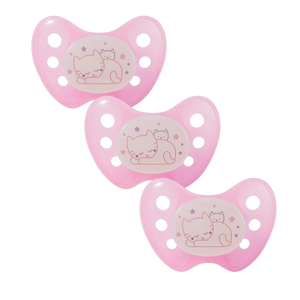 dentistar Night Silicone Pacifier 3-Pack, Size 1, 0–6 Months, Glow-in-the-Dark, Dental Step, BPA-Free, Made in Germany, Cat, Pink