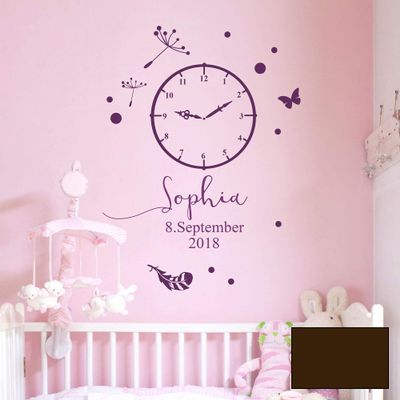 Birth Wall Decal with Clock, Custom Details, Name & Butterfly M2459 – Chocolate, Size M: 58 in H x 42 in W