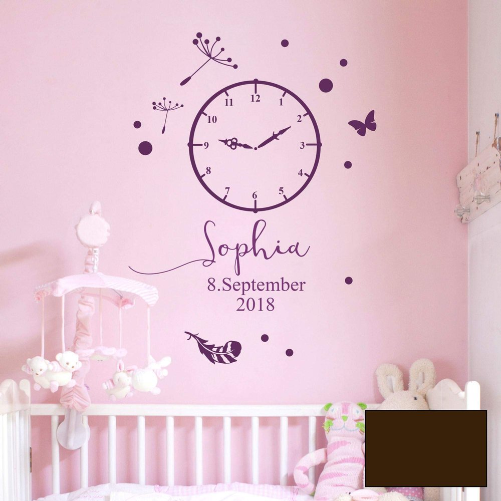 Birth Wall Decal with Clock, Custom Details, Name & Butterfly M2459 – Chocolate, Size M: 58 in H x 42 in W