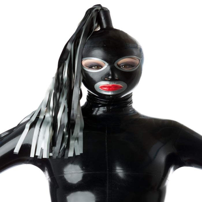 Latex Rubber Full-Face Mask with Individual Streamers, Cool Party Mask, Code 0.4 mm - Black - Small