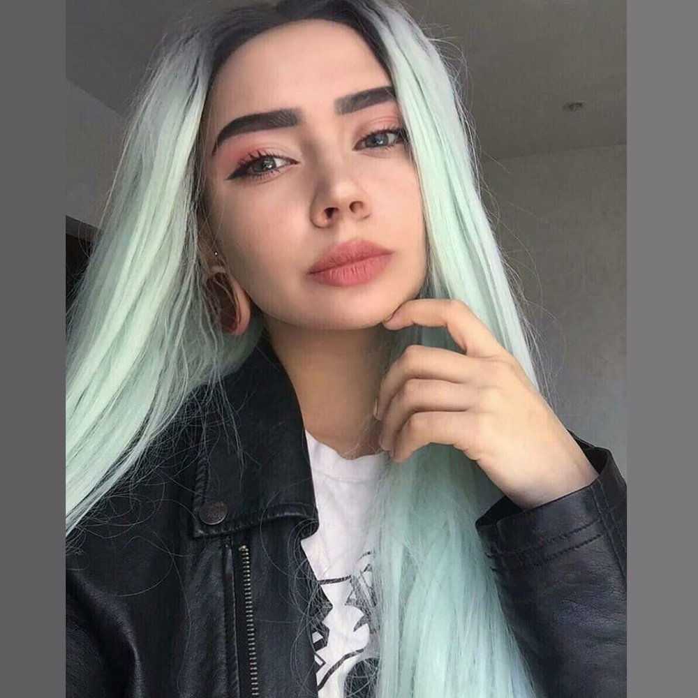 Karissa Long Synthetic Lace Front Wig, Ombre Mint Green with Black Roots