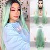 Karissa Long Synthetic Lace Front Wig, Ombre Mint Green with Black Roots view 2