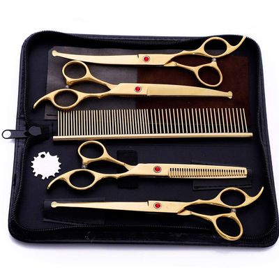 WYGC PETS Dog Grooming Scissors Set with Rounded Tips, Straight and Curved Scissors with Comb, Gold