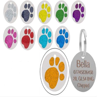 JK Pet Tag for Dogs/Cats, Customizable, Round, Sparkling, Paw Print Design, Size S/L, 32 mm, Orange